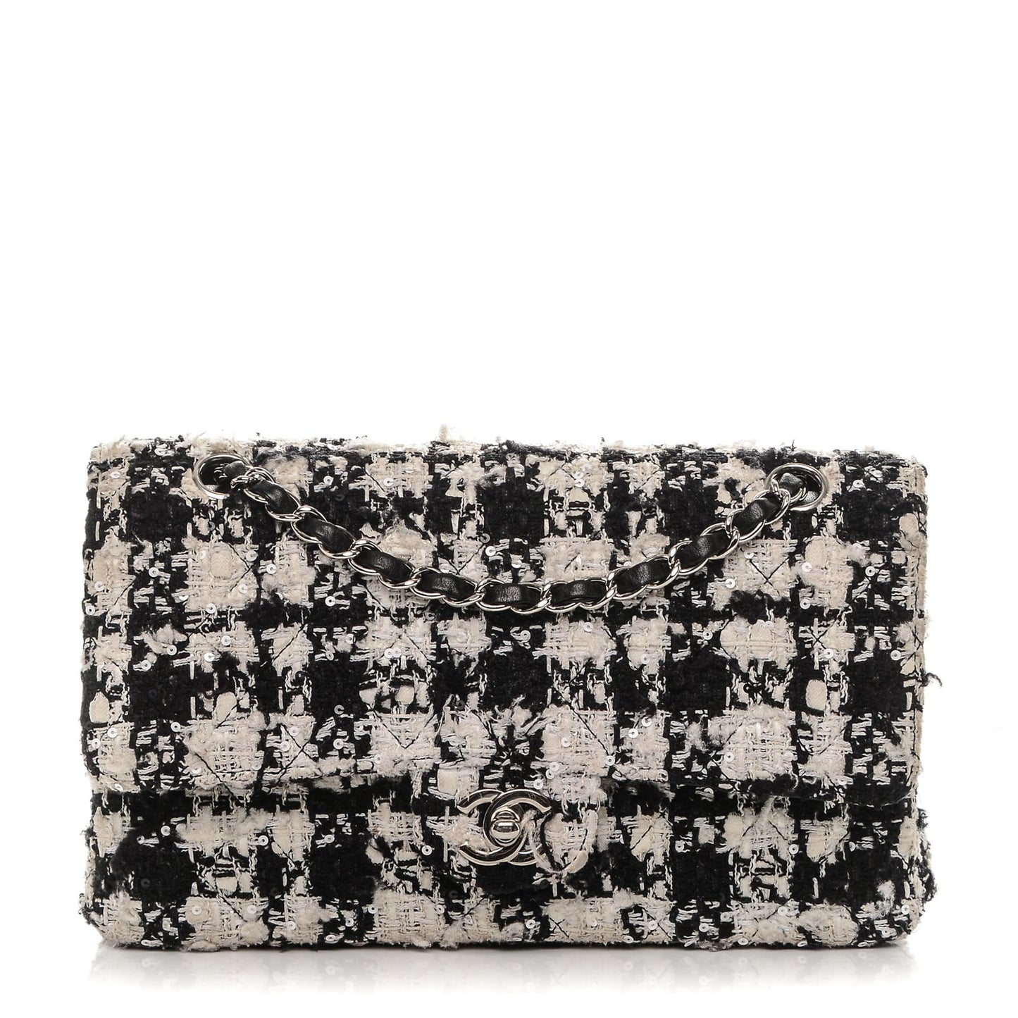 Tweed Medium Double Flap Black White