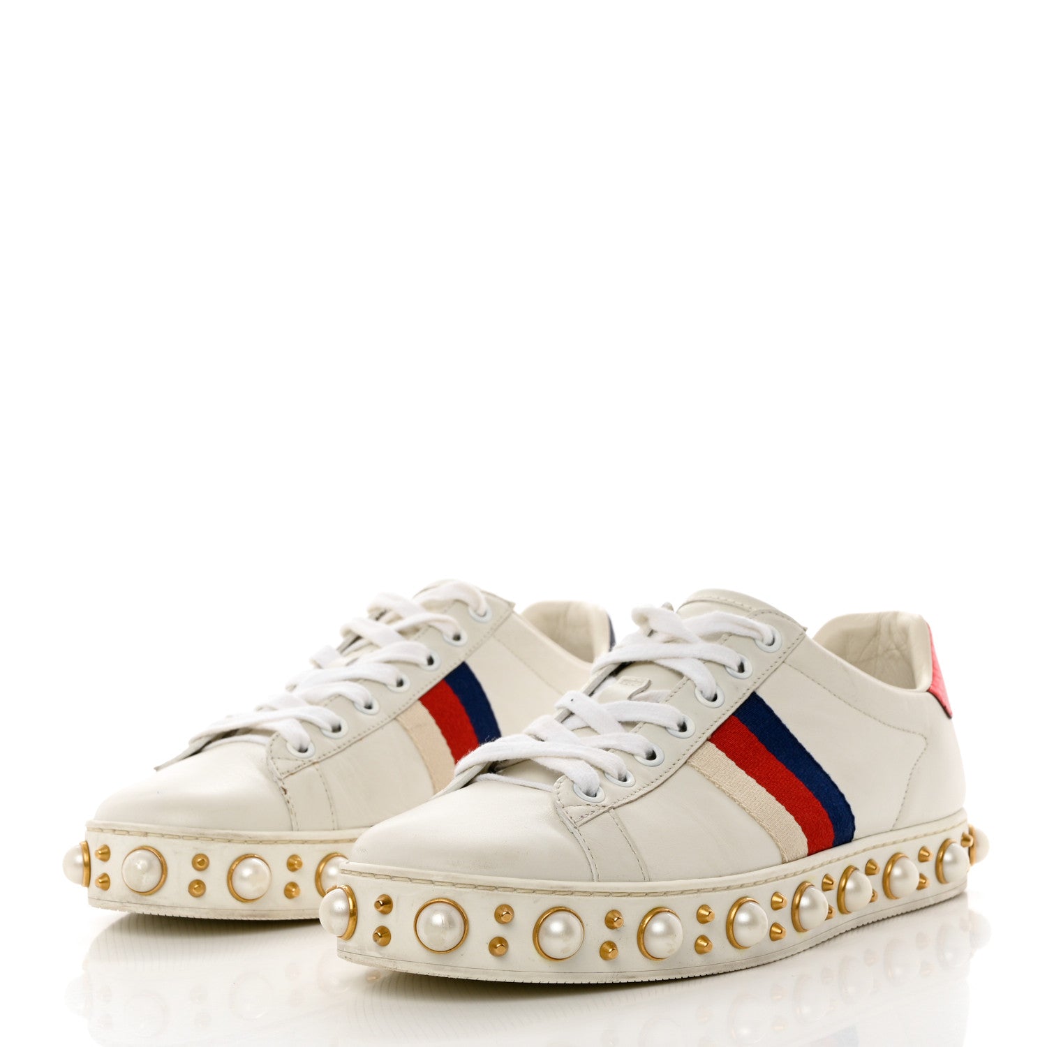 Gucci Calfskin Ayers Web Pearl Studded Womens Ace Sneakers 37 White 3 of 11