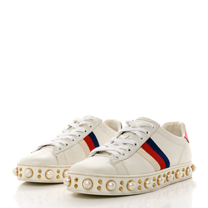 Gucci Calfskin Ayers Web Pearl Studded Womens Ace Sneakers 37 White 3 of 11