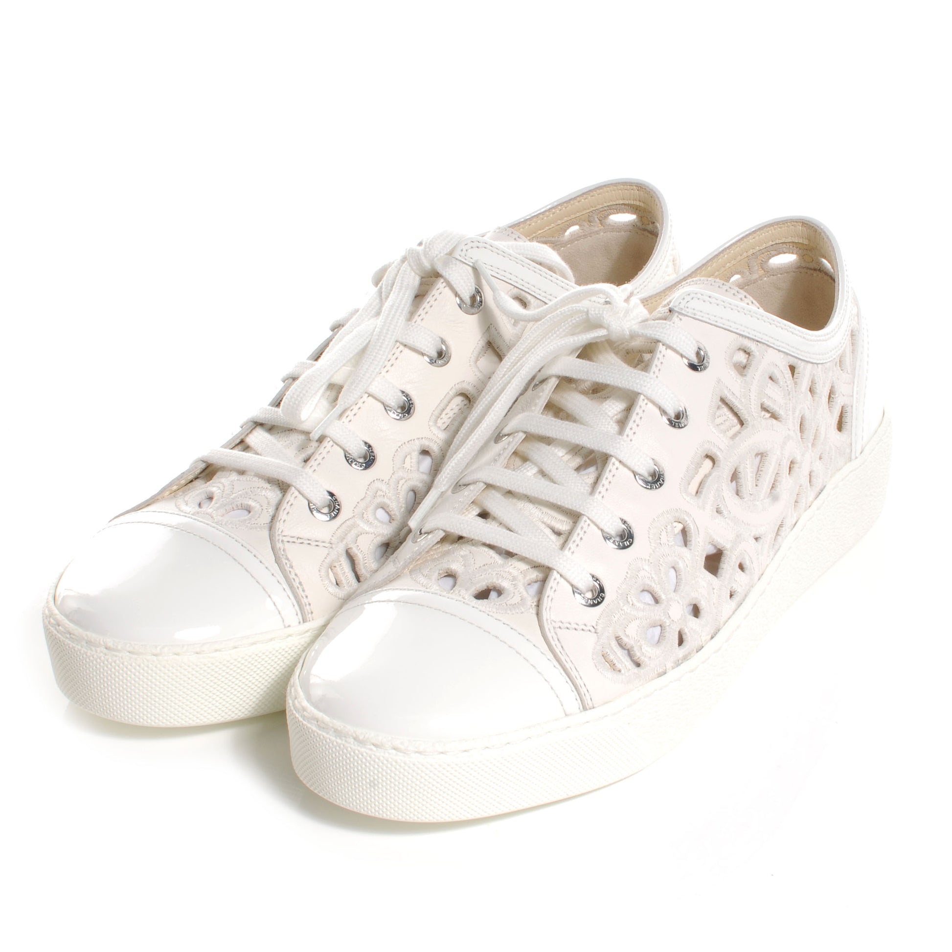 Chanel Patent Grained Goatskin Hollow Out Flower Sneakers 39 White 3 of 6