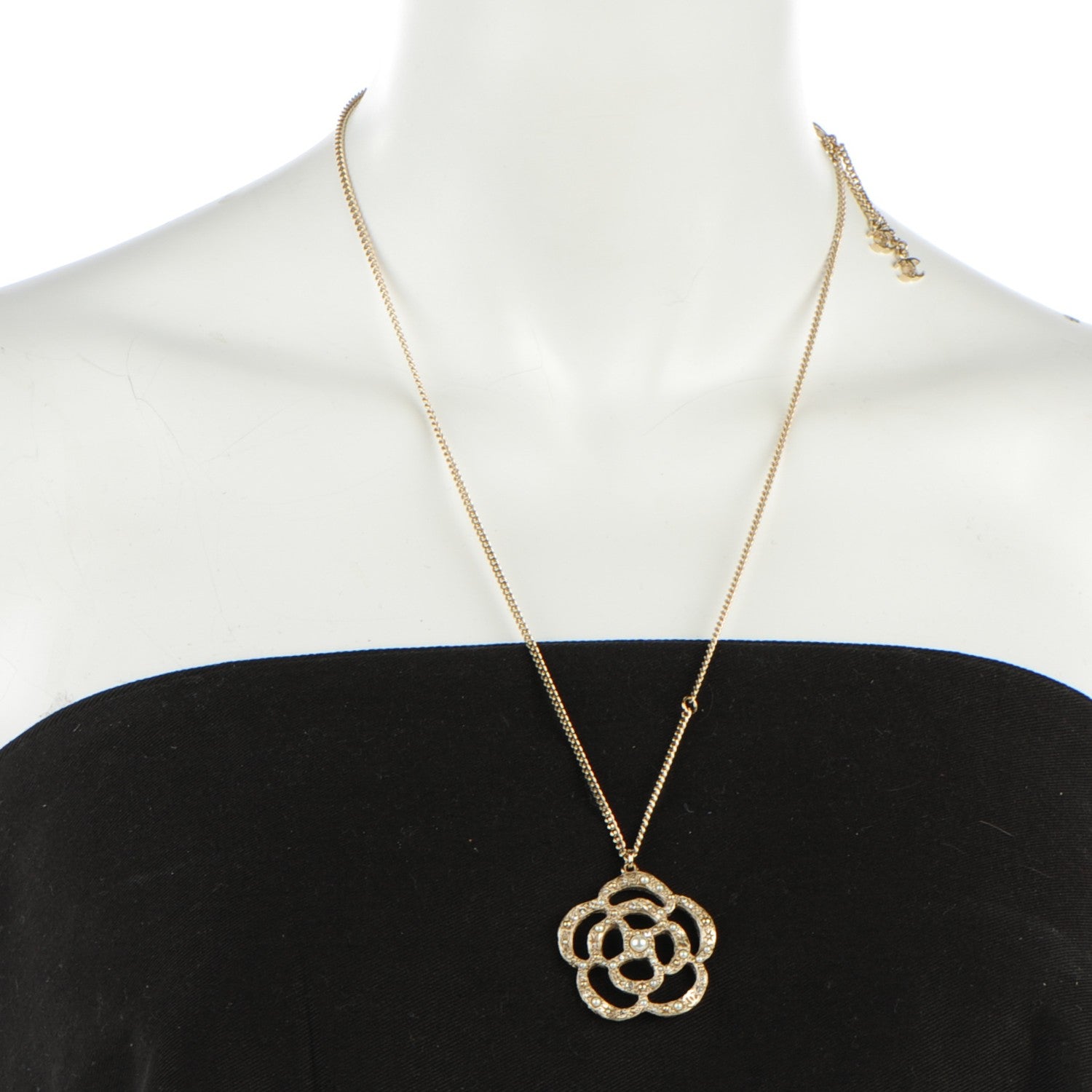 Chanel Pearl Crystal Large Camellia Pendant Necklace Light Gold 2 of 6