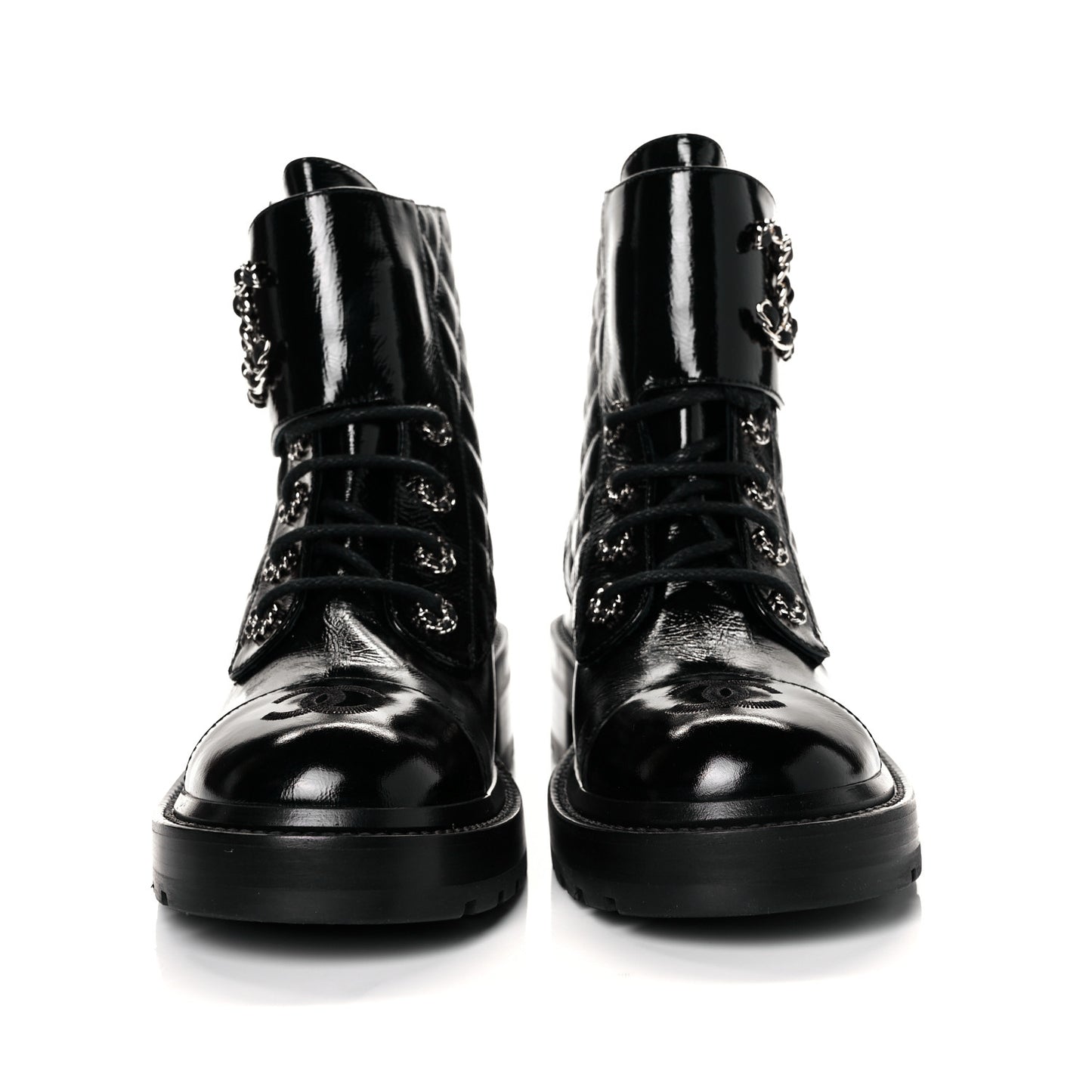 Shiny Calfskin Quilted Lace Up Combat Boots 37.5 Black