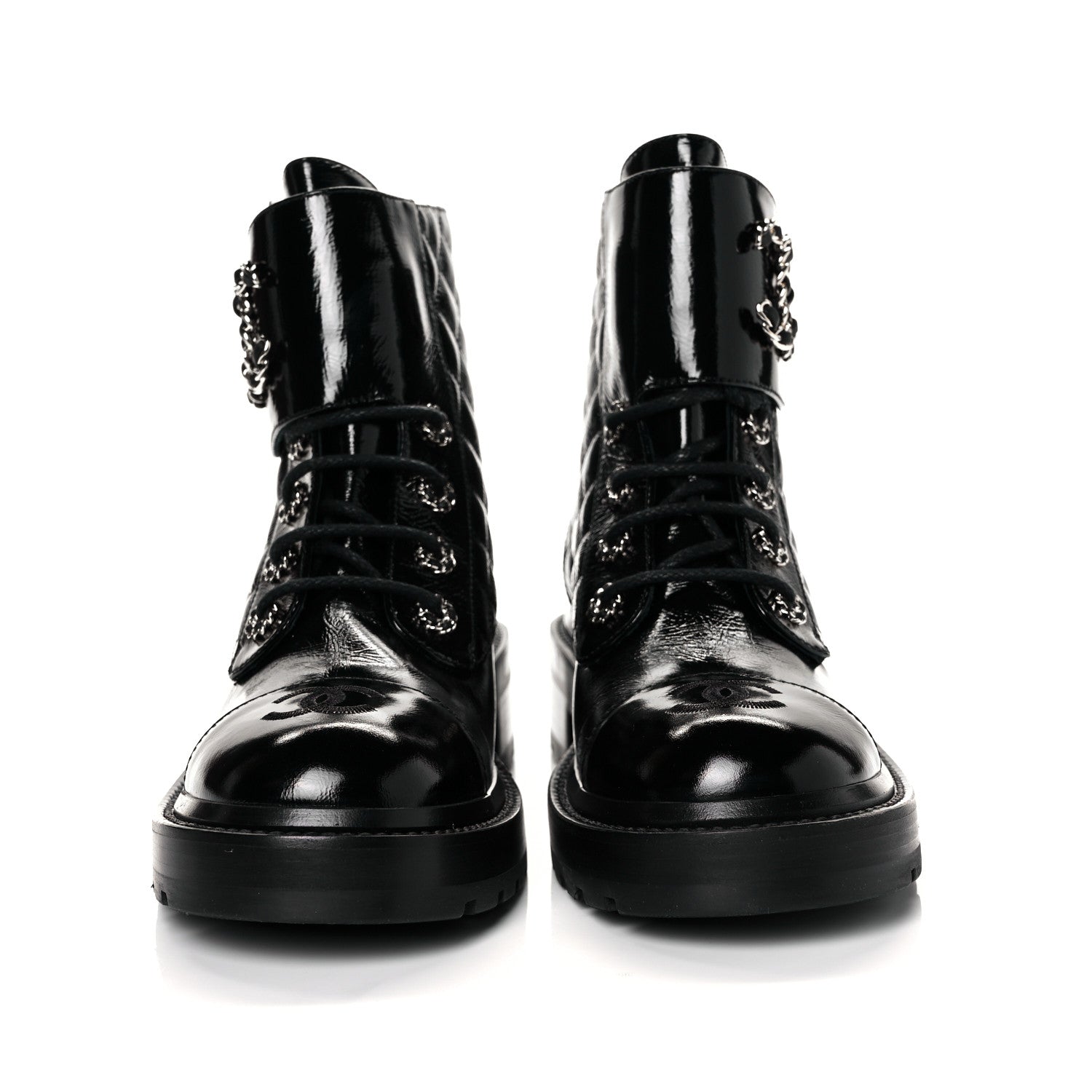 Chanel Shiny Calfskin Quilted Lace Up Combat Boots 37.5 Black 2 of 8