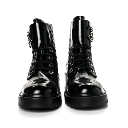 Chanel Shiny Calfskin Quilted Lace Up Combat Boots 37.5 Black 2 of 8