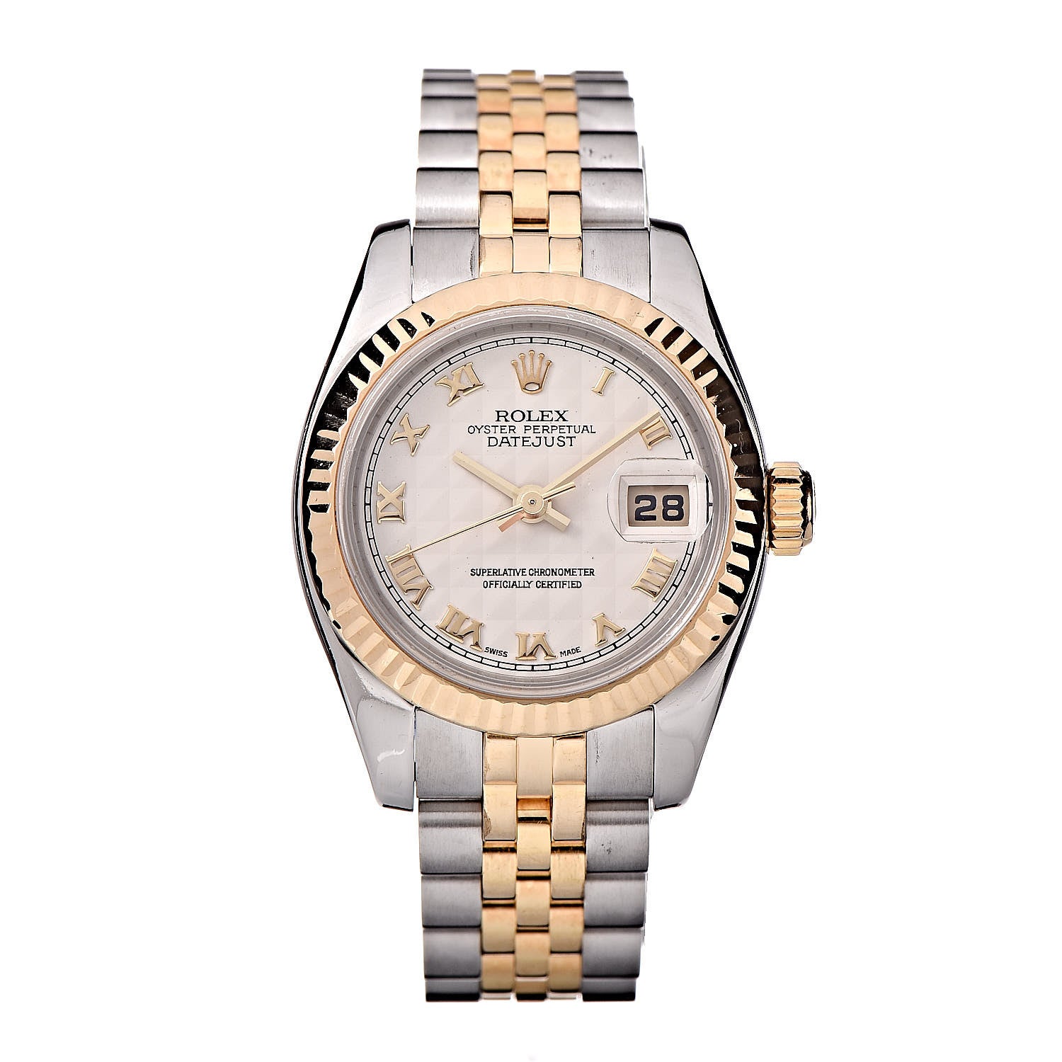 Rolex Stainless Steel 18K Yellow Gold 26mm Oyster Perpetual Datejust Watch White Pyramid Roman 179173 1 of 8