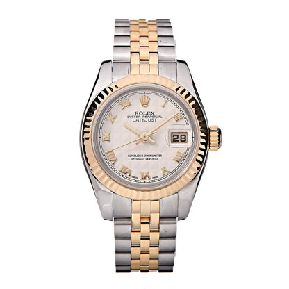 Rolex Stainless Steel 18K Yellow Gold 26mm Oyster Perpetual Datejust Watch White Pyramid Roman 179173 1 of 8