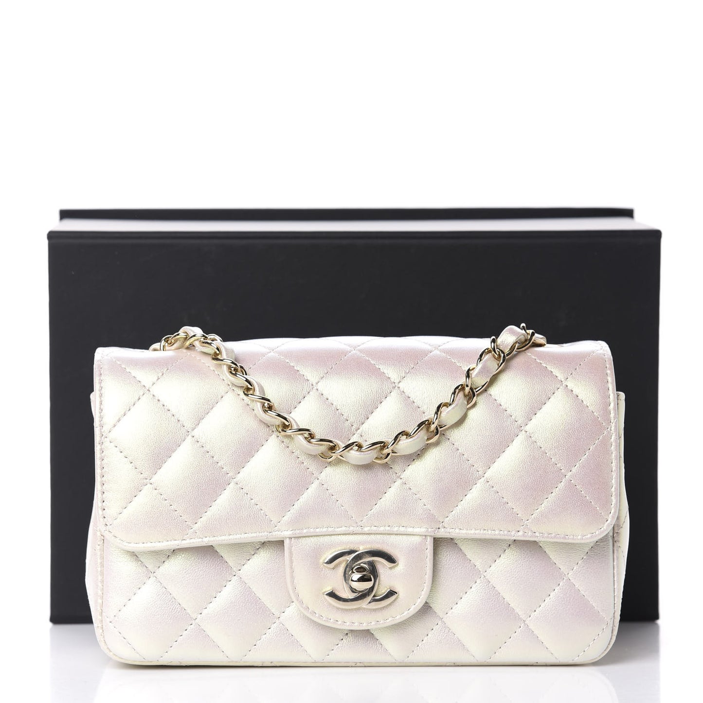 Iridescent Lambskin Quilted Mini Rectangular Flap Ivory