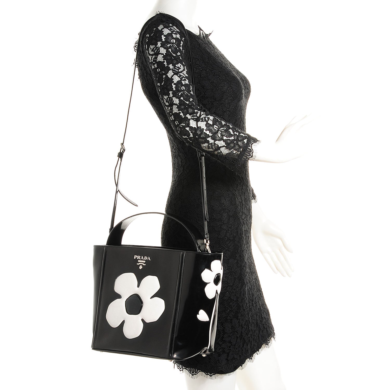 Prada Spazzolato Floral Open Bucket Bag Black White 2 of 8