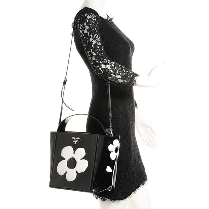 Prada Spazzolato Floral Open Bucket Bag Black White 2 of 8