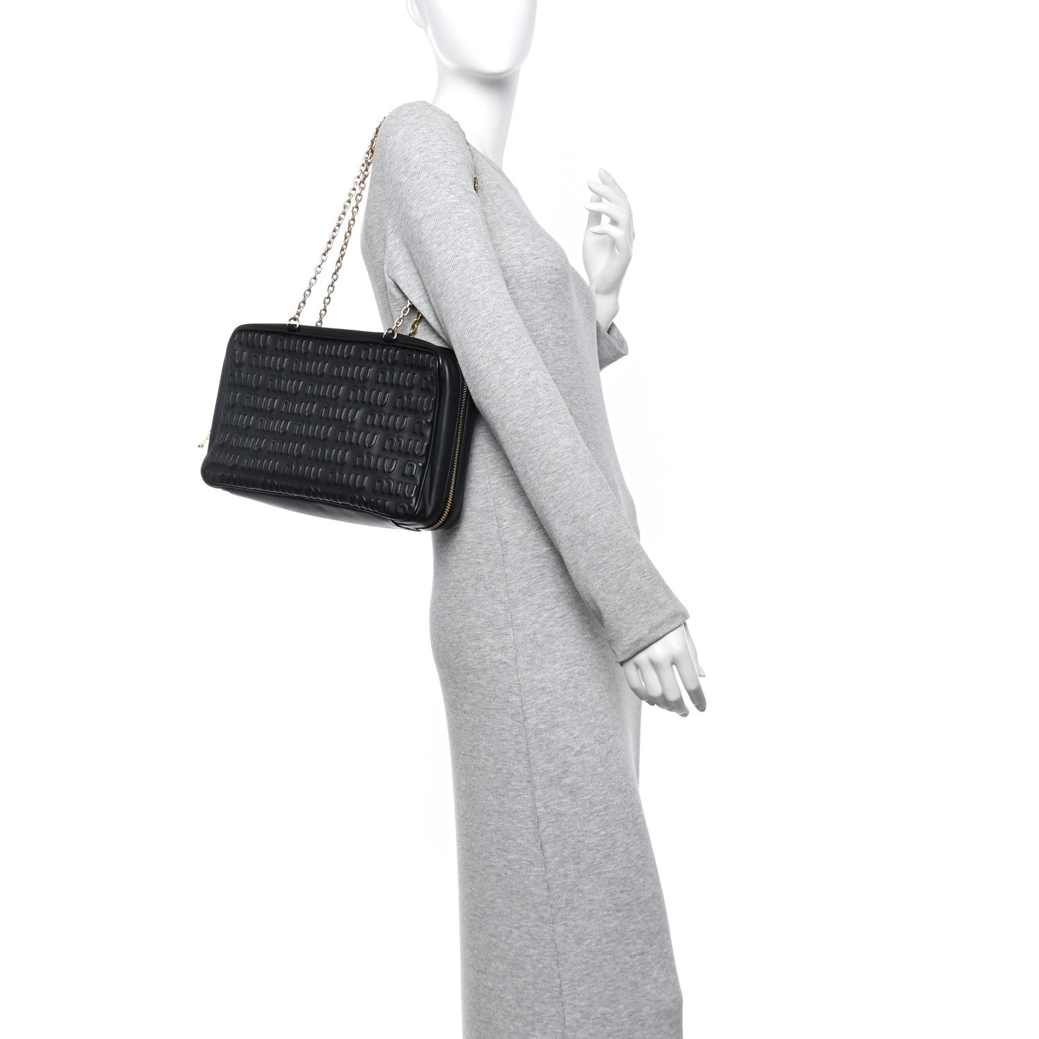 Miu Miu Softy Logo Embossed Chain Shoulder Bag Black 2 of 9