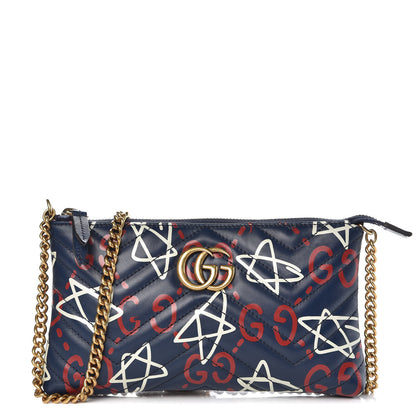 Gucci Calfskin Matelasse GucciGhost Mini GG Marmont Chain Bag Blue Agata Hibiscus Red 1 of 7