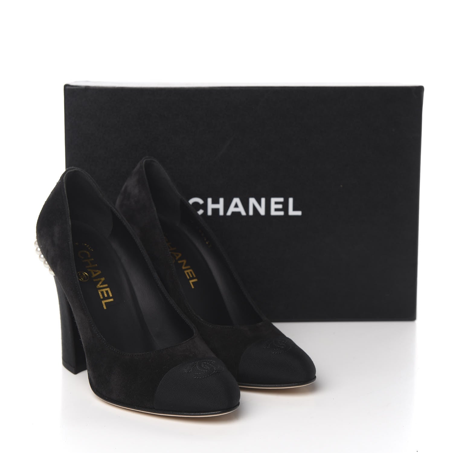 Chanel Suede Grosgrain Pearl CC Cap Toe Pump 37 Black 11 of 11