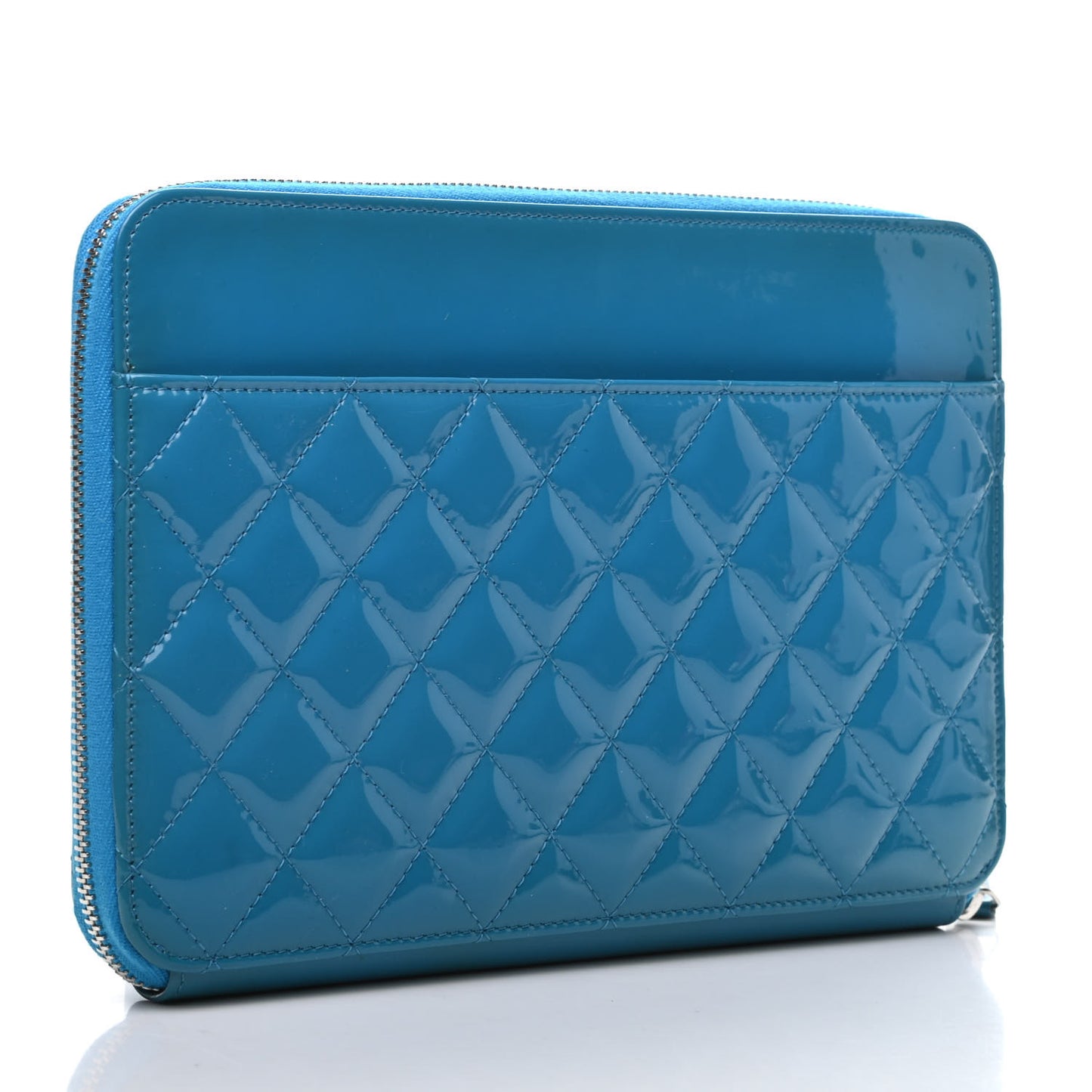 Patent Calfskin Quilted Zipped Clutch Blue