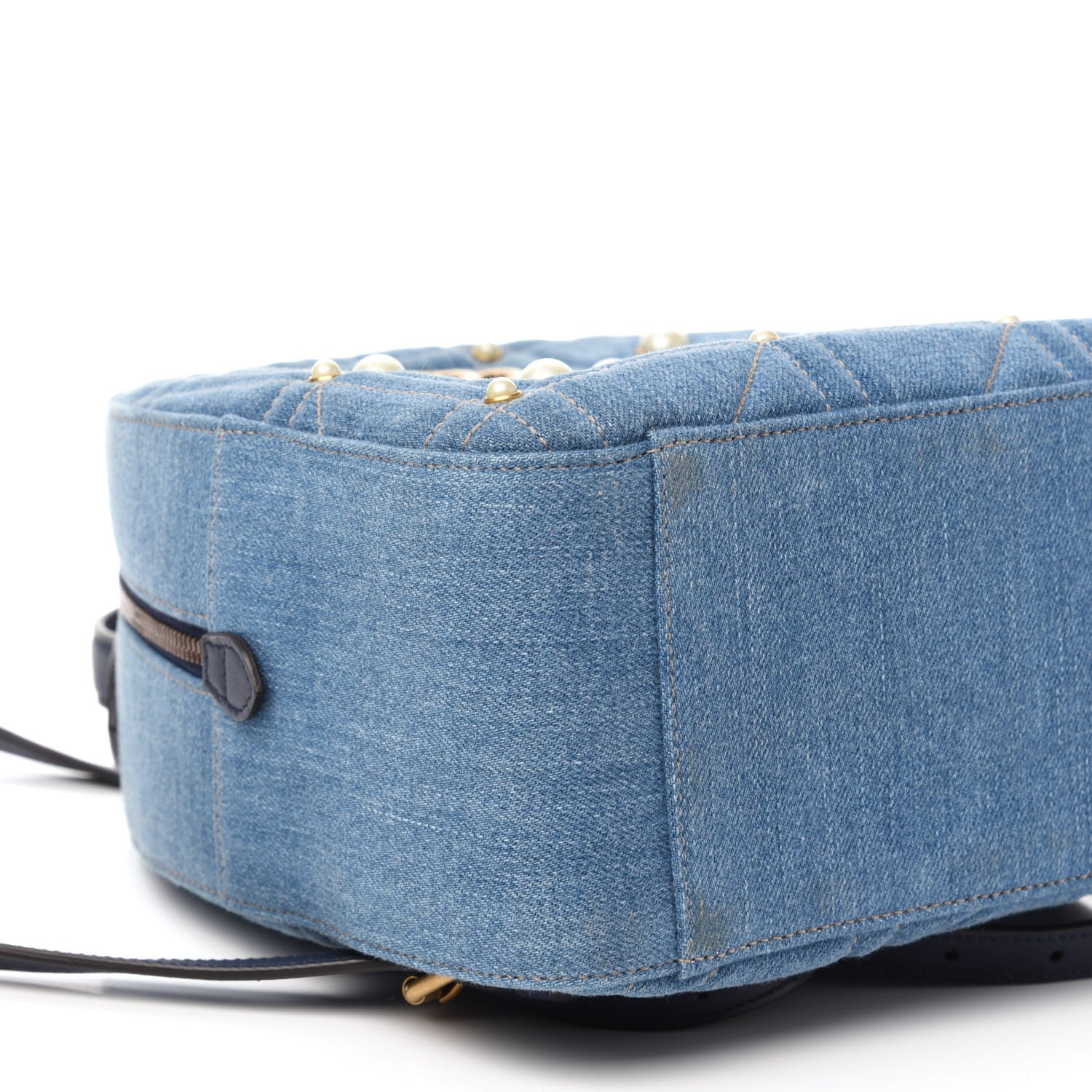 Gucci Kura Denim Matelasse Cubic Pearl Studded GG Marmont Dome Backpack Blue 5 of 9