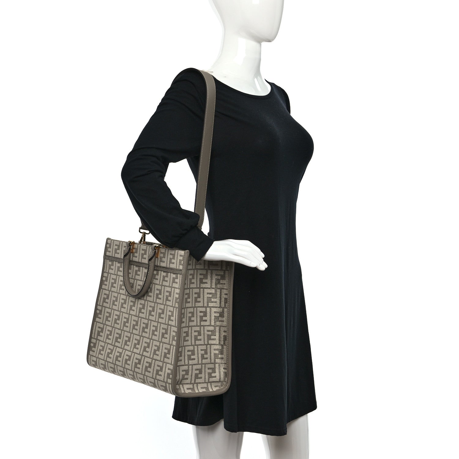 Fendi Chenille Vitello Cher FF Medium Fendi Sunshine Shopper Tote Tortora 2 of 9