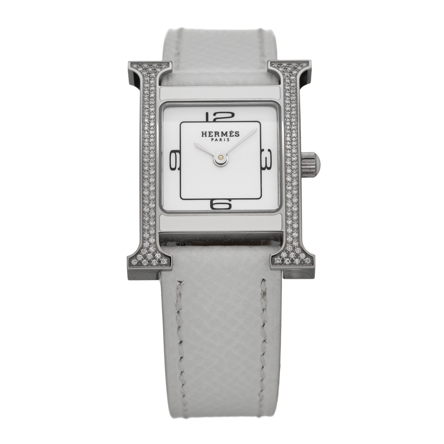 Hermes Stainless Steel Epsom Diamond Lacquer 21mm Heure H Hour Double Jeu Quartz Watch Blanc 1 of 5