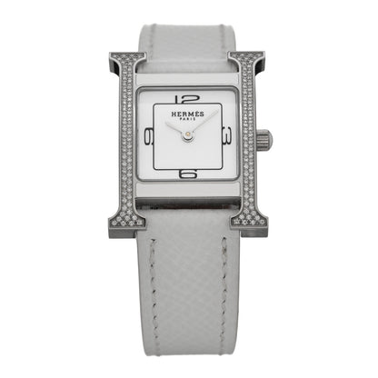 Hermes Stainless Steel Epsom Diamond Lacquer 21mm Heure H Hour Double Jeu Quartz Watch Blanc 1 of 5