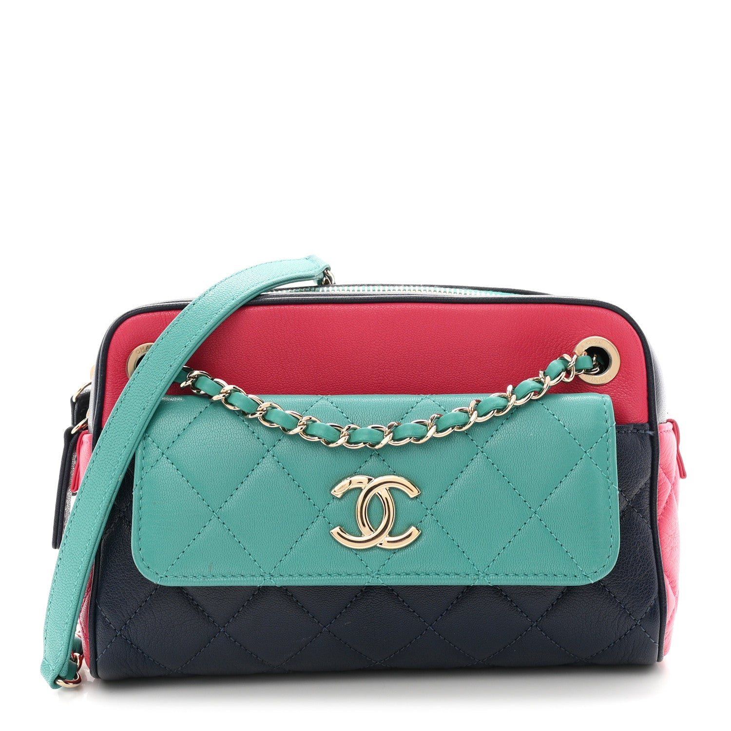 Chanel Goatskin Quilted Tri-Color Small In & Out Camera Case Navy Turquoise Pink 1 of 11
