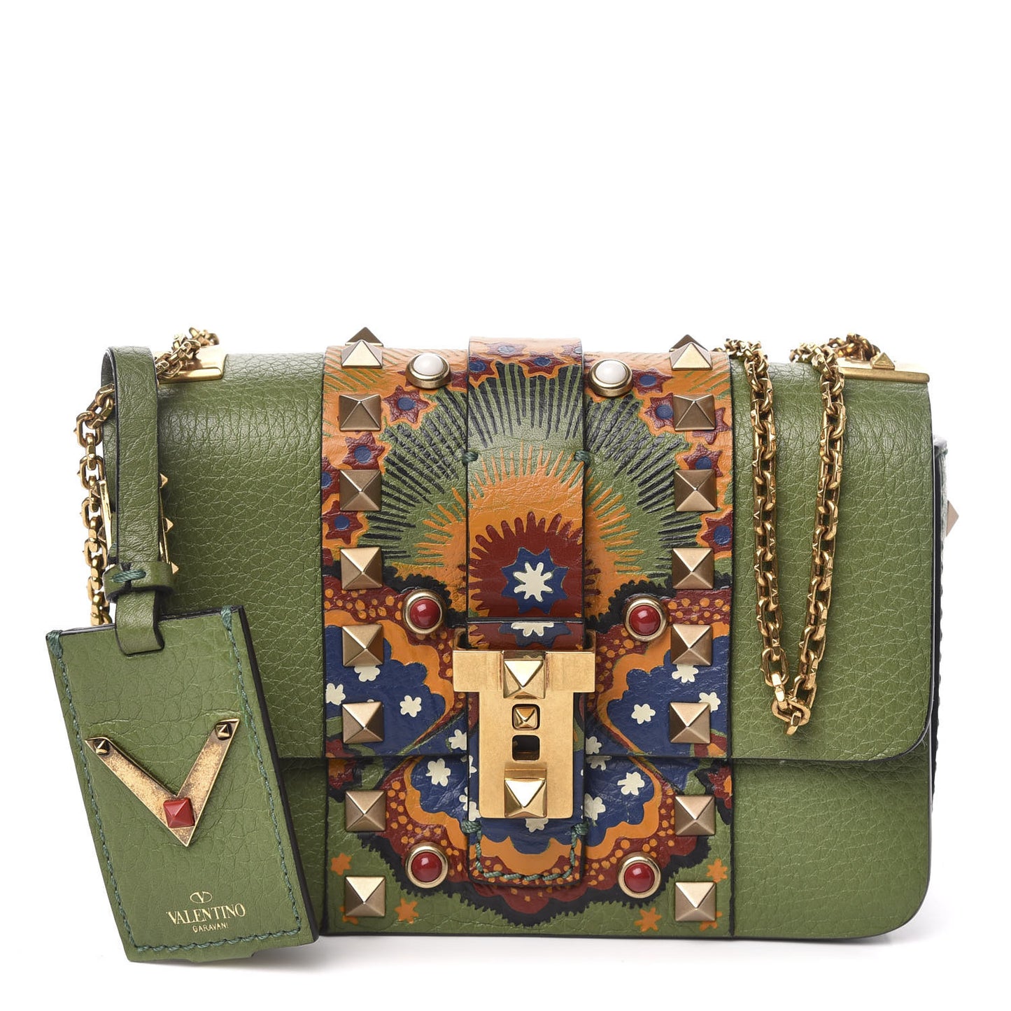 Grained Calfskin Enchanted Wonderland B-Rockstud Rolling Flap Deep Clover