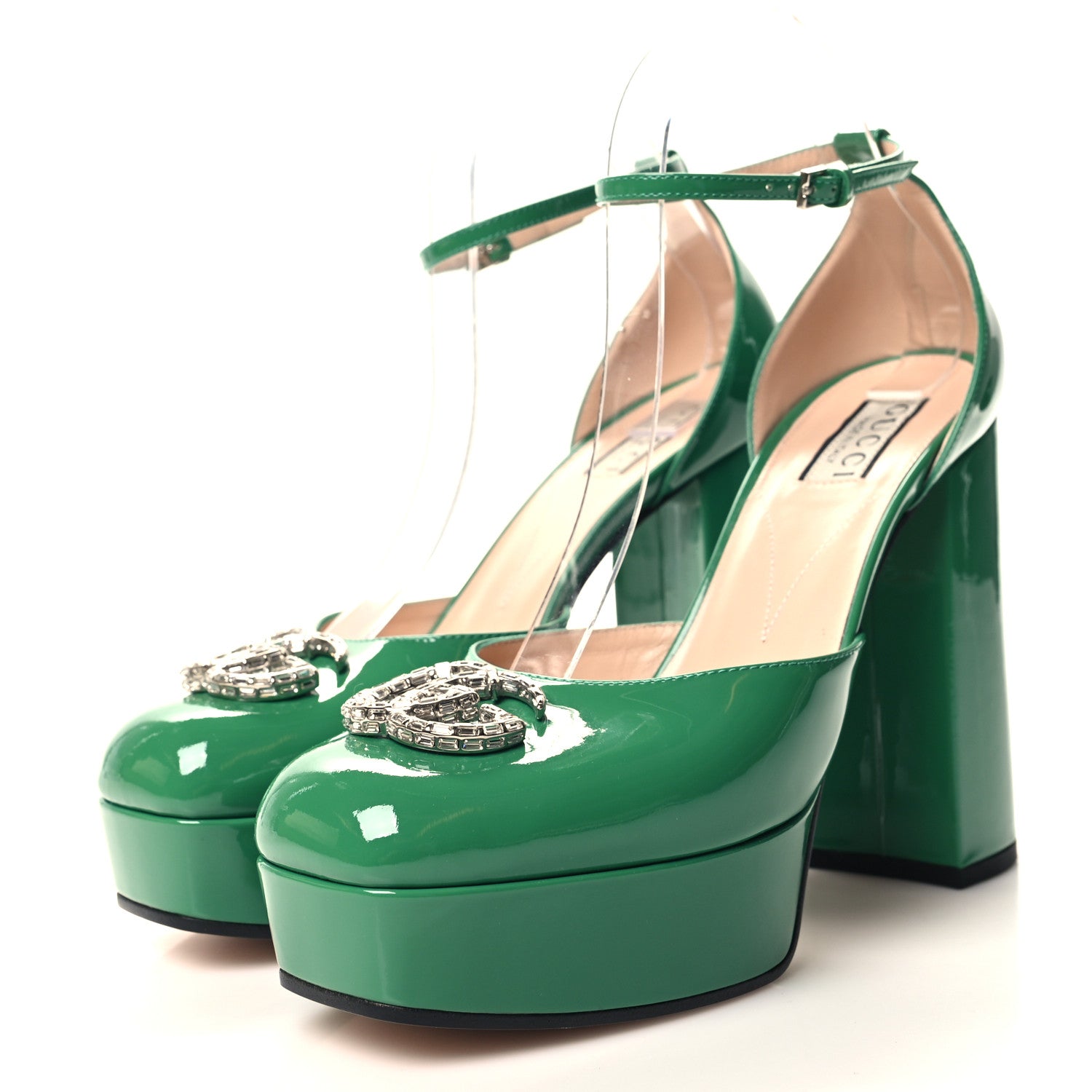 Gucci Patent Crystal Double G Platform Pumps 39.5 New Shamarock 3 of 9