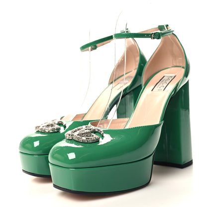 Gucci Patent Crystal Double G Platform Pumps 39.5 New Shamarock 3 of 9