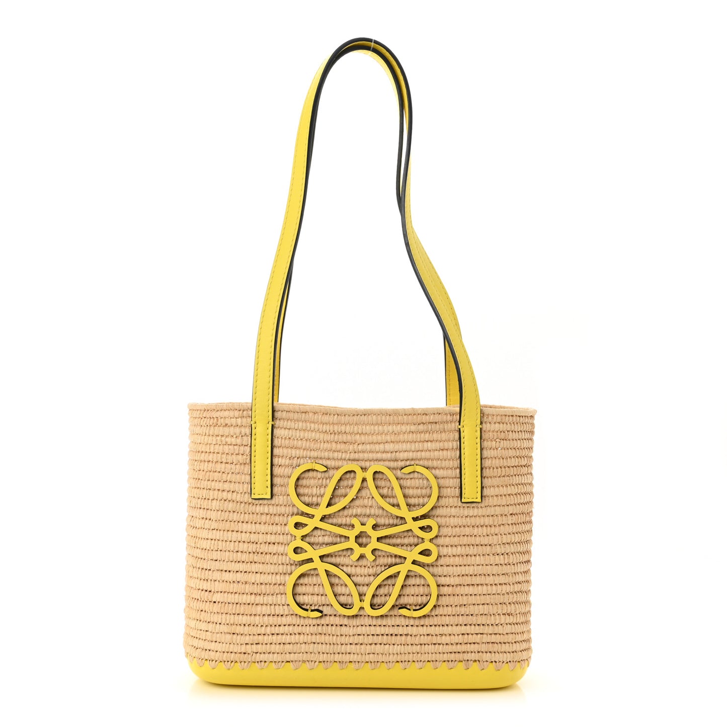 Raffia Square Mini Anagram Basket Tote Bag Natural Yellow