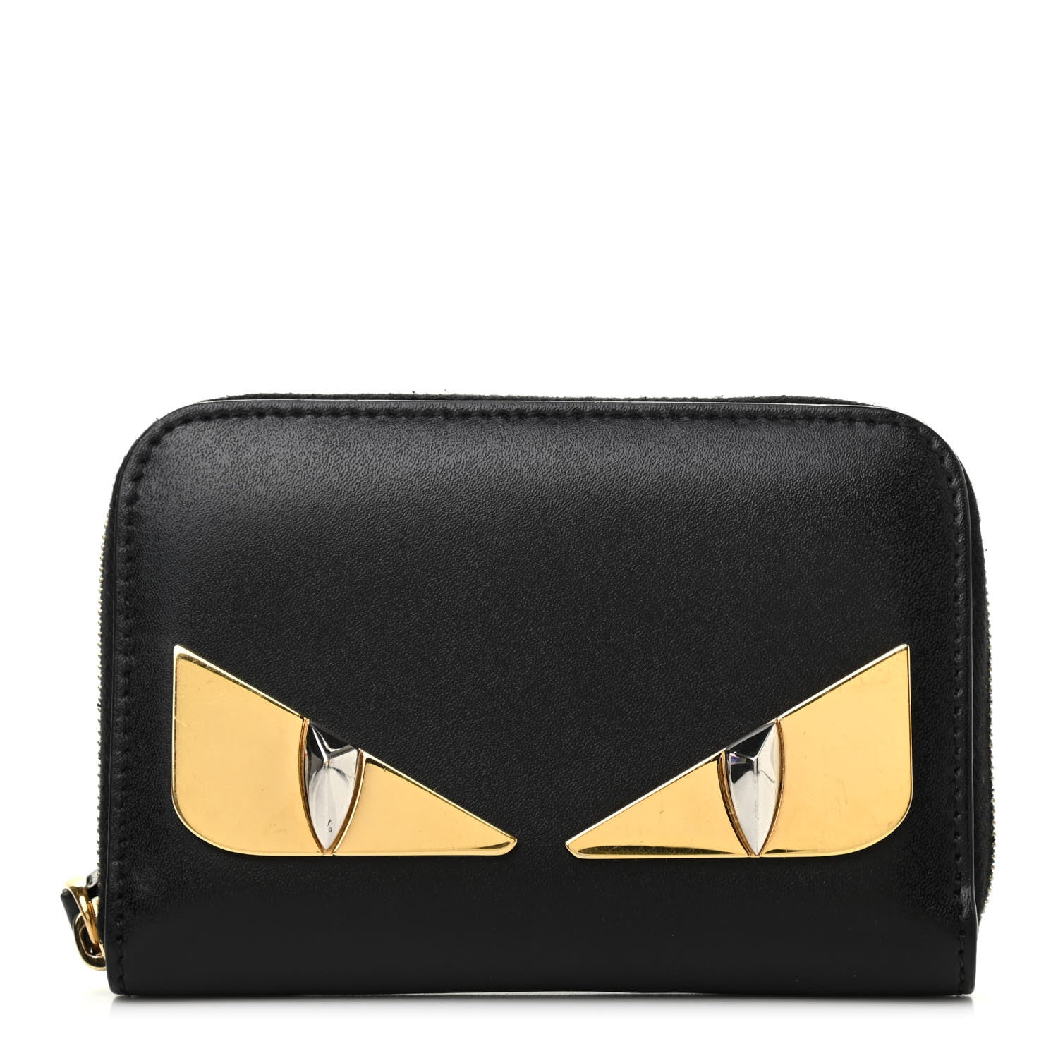 Fendi Vitello Liberty Lucido Metal Monster Eyes Mini Zip Around Wallet Black 1 of 7