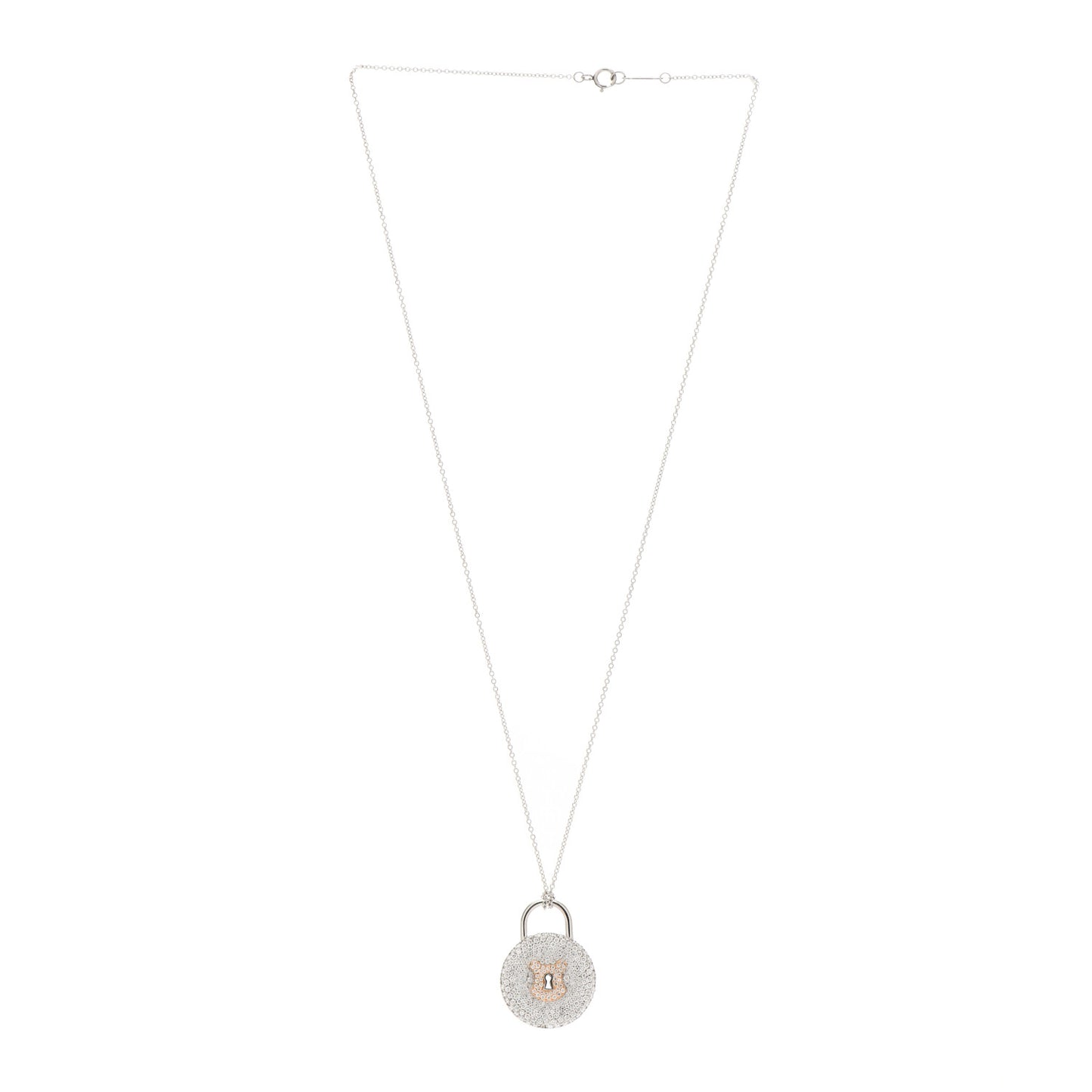 Platinum 18K Rose Gold Diamond Vintage Lock Pendant Necklace