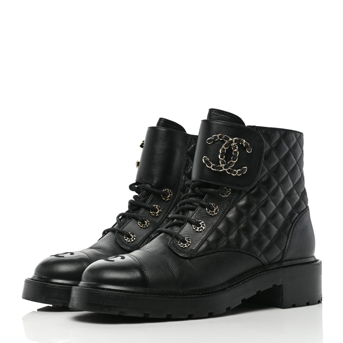 Lambskin Calfskin Quilted Lace Up Combat Boots 40.5 Black