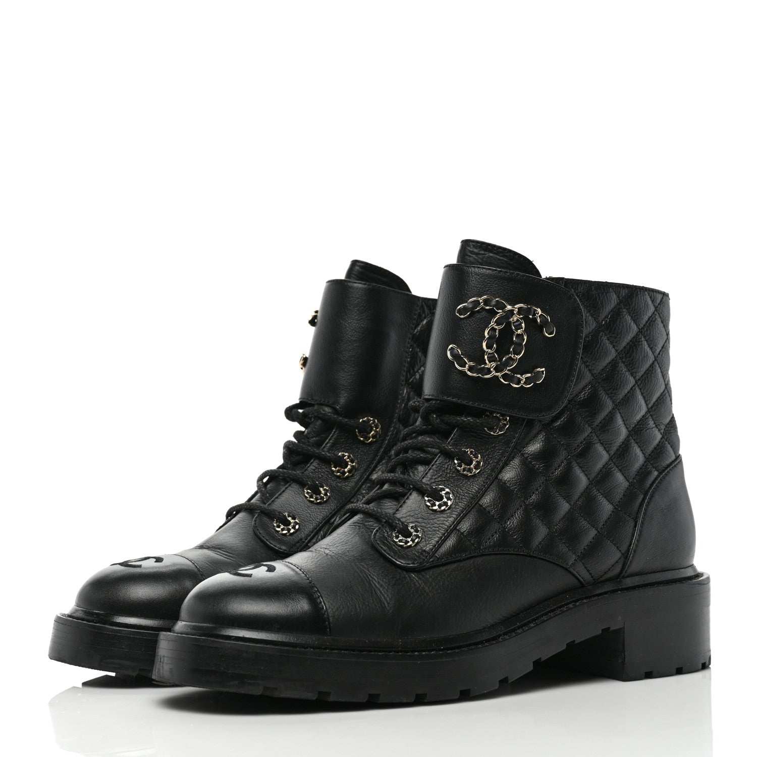 Chanel Lambskin Calfskin Quilted Lace Up Combat Boots 40.5 Black 3 of 7