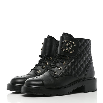 Chanel Lambskin Calfskin Quilted Lace Up Combat Boots 40.5 Black 3 of 7
