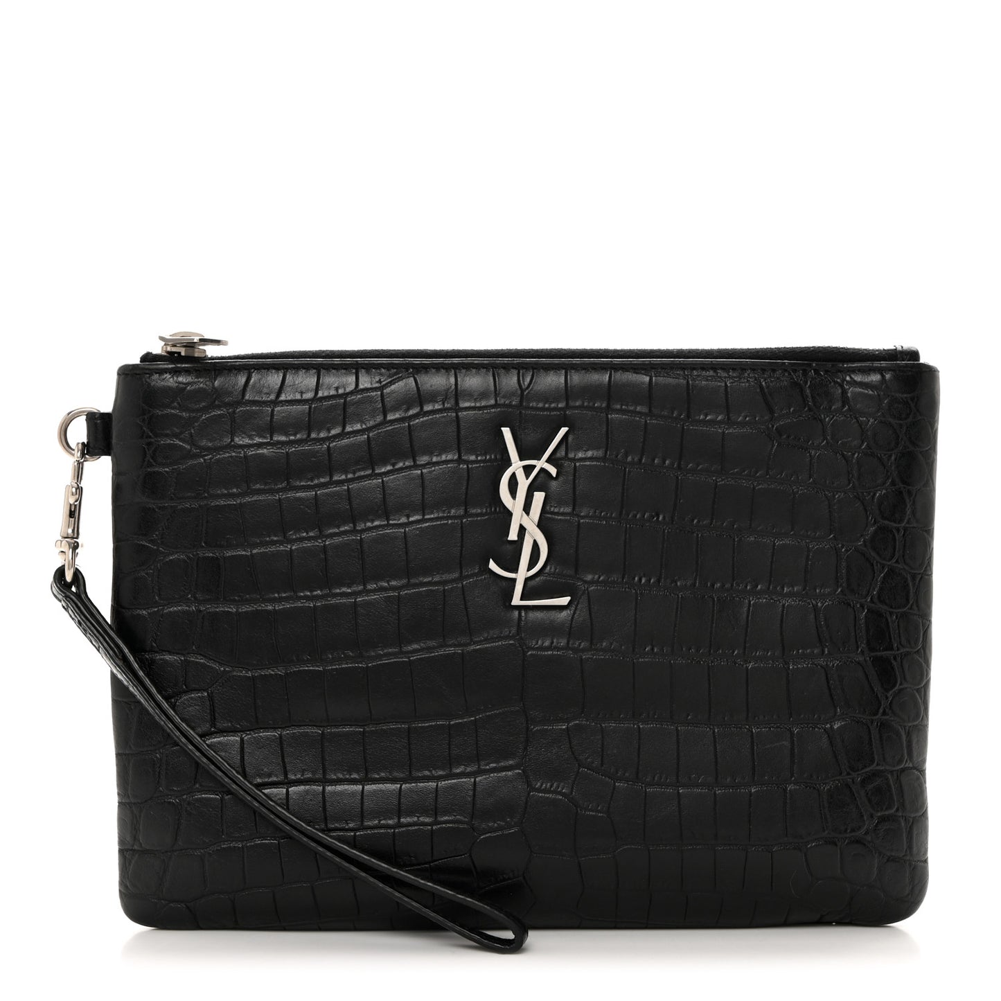 Calfskin Crocodile Embossed Monogram Zip Pouch Black