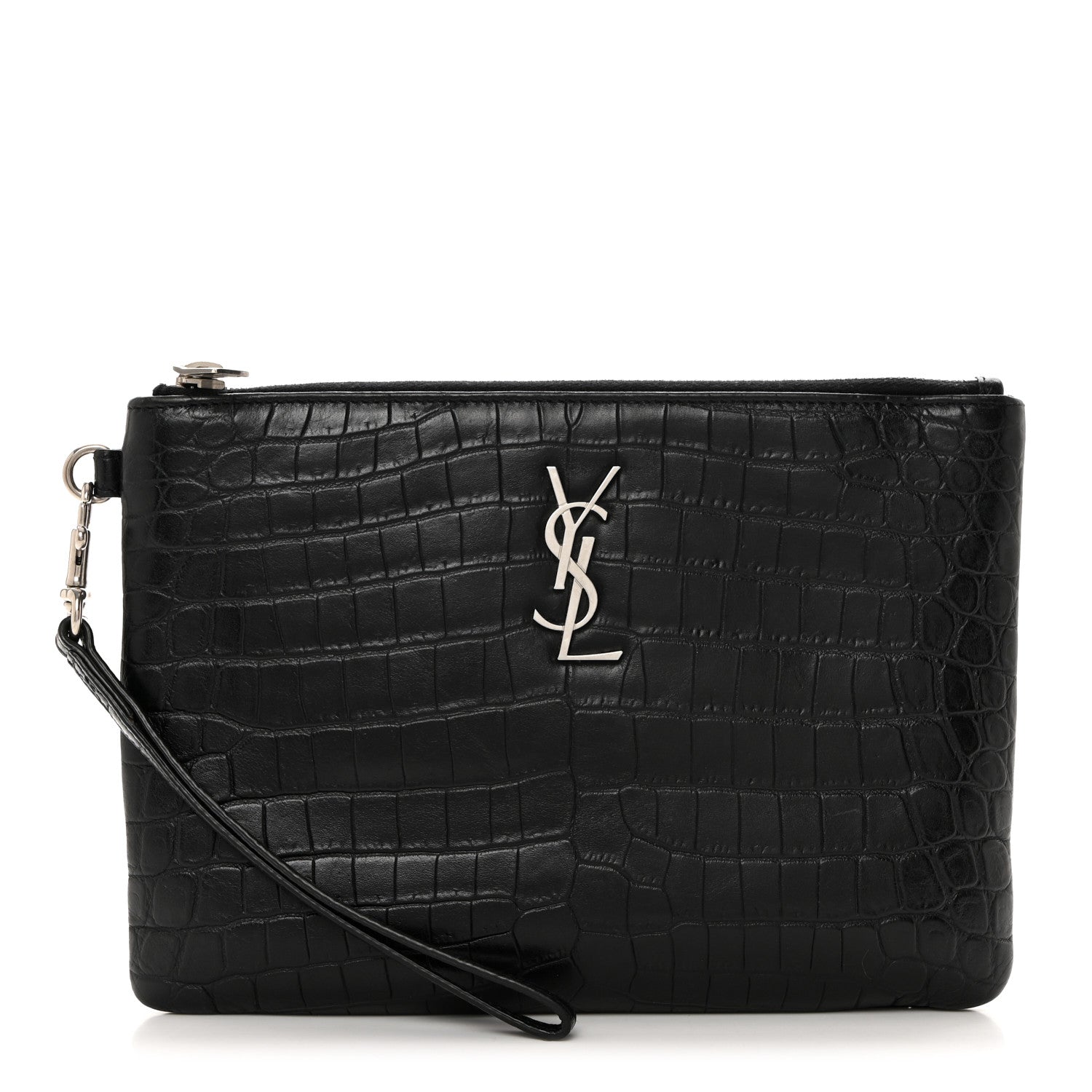 Saint Laurent Calfskin Crocodile Embossed Monogram Zip Pouch Black 1 of 9