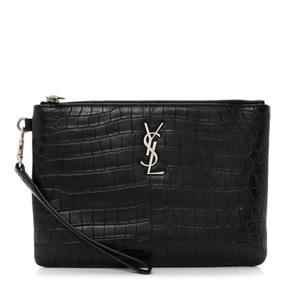 Saint Laurent Calfskin Crocodile Embossed Monogram Zip Pouch Black 1 of 9