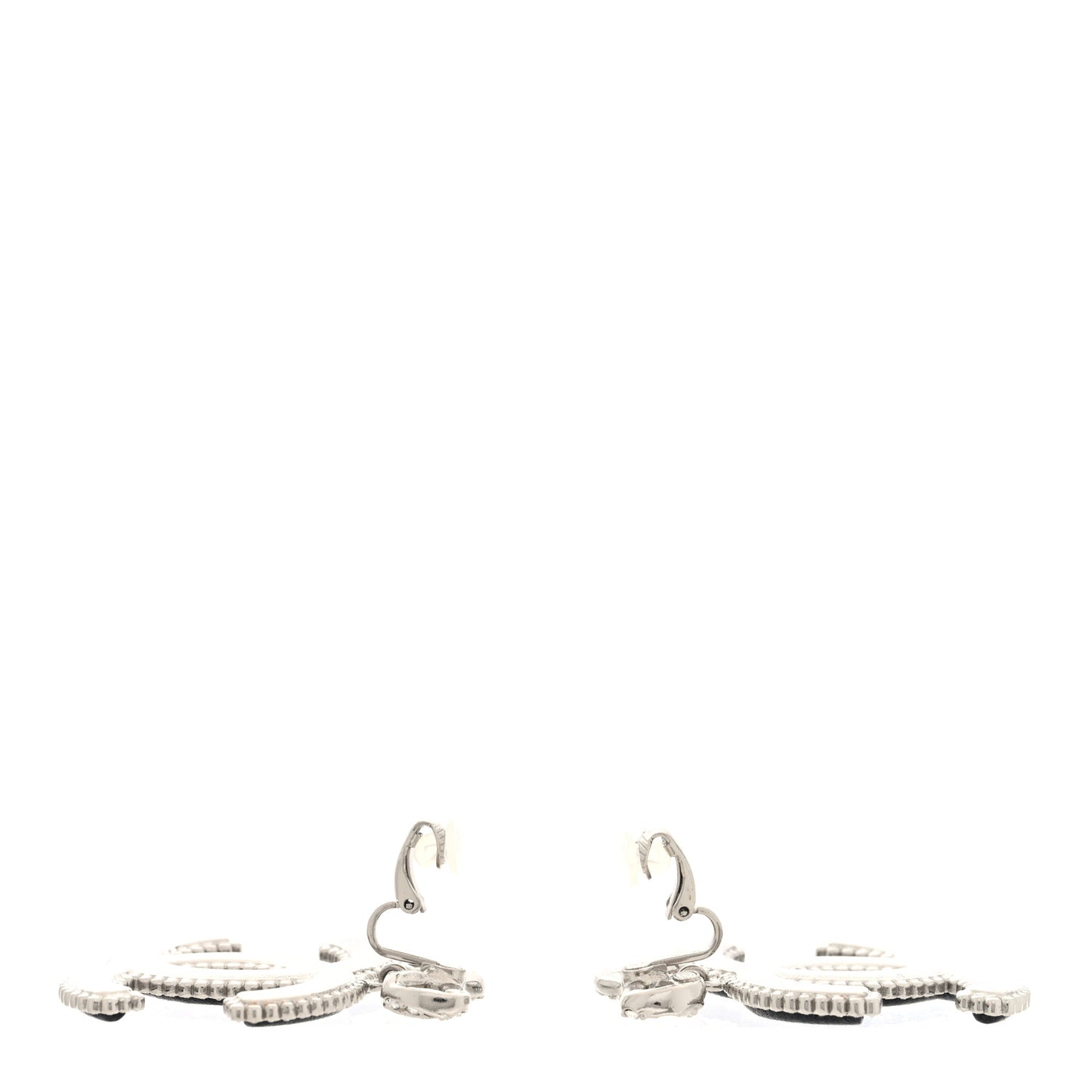 Metal Lambskin Crystal CC Bow Drop Earrings Silver Black