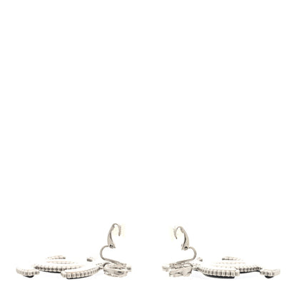 Chanel Metal Lambskin Crystal CC Bow Drop Earrings Silver Black 3 of 4