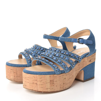 Chanel Denim Cork Chain Wedge Sandals 37 Blue 3 of 13