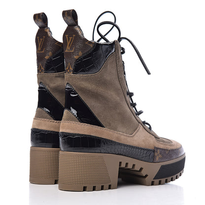 Louis Vuitton Suede Calfskin Monogram Laureate Platform Desert Boots 36 Taupe 4 of 11