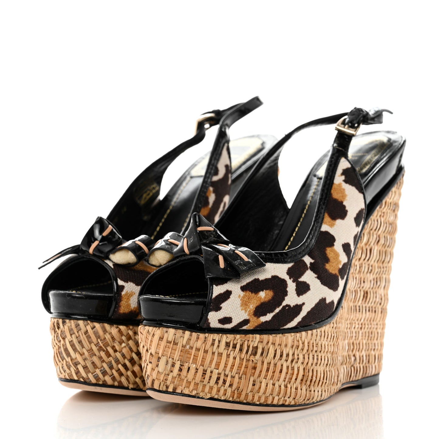 Canvas Leopard Patent Ankle Strap Espadrille Wedges 36 Naturel