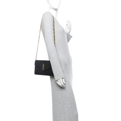 Saint Laurent Grain De Poudre Matelasse Chevron Monogram Chain Wallet Black 2 of 11