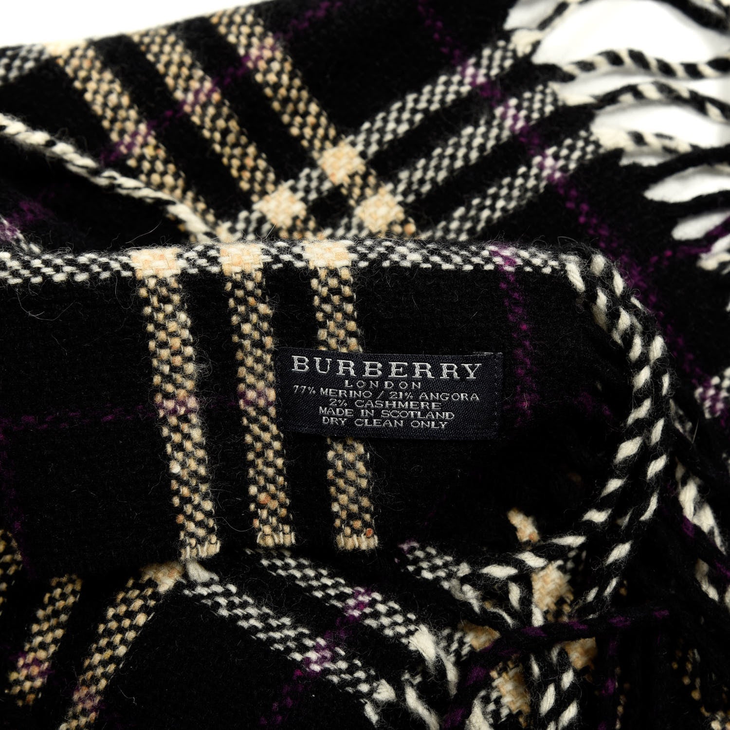 Burberry Wool Cashmere Check Happy Fringe Scarf Black 3 of 3