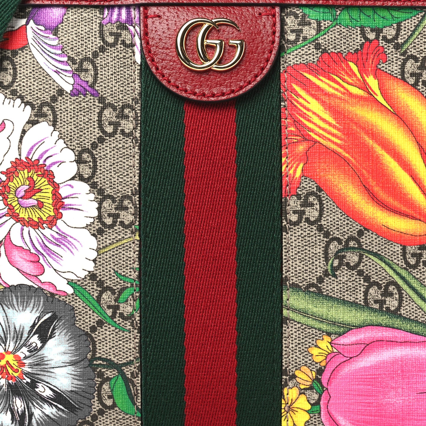 GG Supreme Monogram Flora Web Small Ophidia Top Handle Shoulder Bag Hibiscus Red
