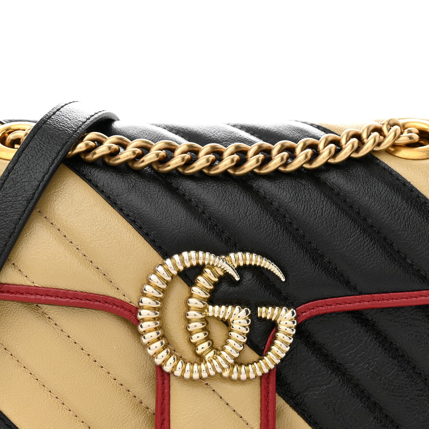Gucci Vintage Effect Calfskin Matelasse Diagonal Striped Mini Torchon GG Marmont Shoulder Bag Black Beige 8 of 10