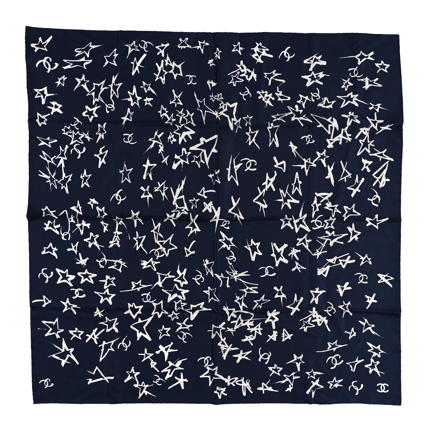 Chanel Silk Star Square Scarf Navy Blue White Blue 1 of 4