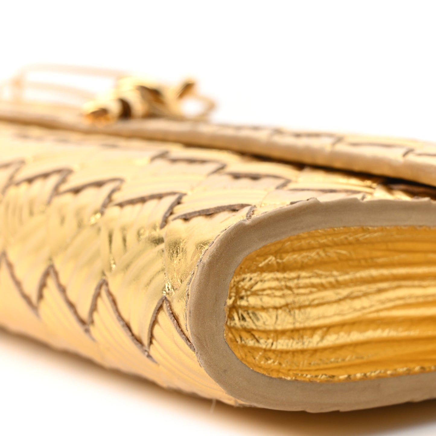 Metallic Satin Lambskin Intrecciato Long Andiamo Top Handle Clutch Gold