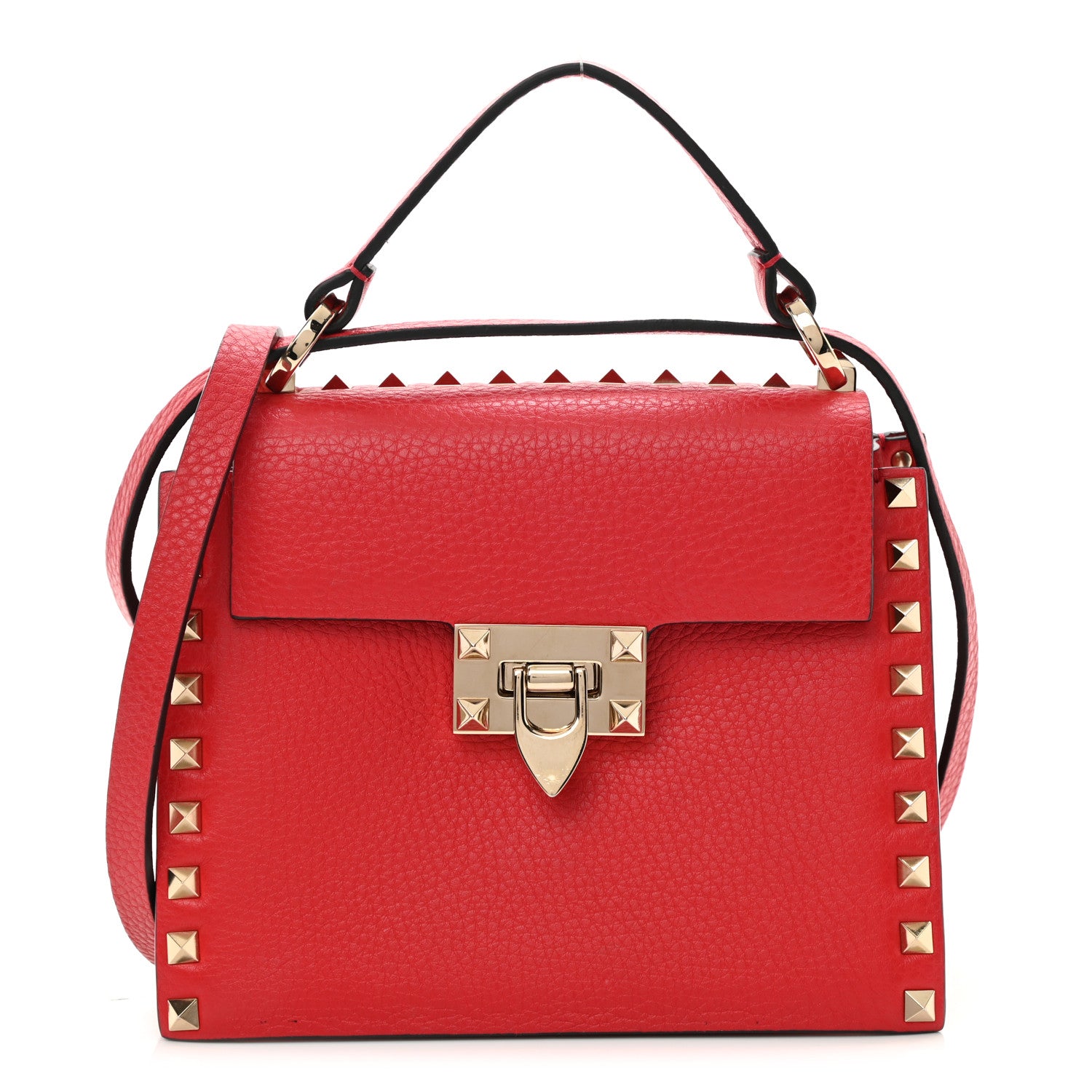 Valentino Garavani Pebbled Calfskin Rockstud Overlay Flap Top Handle Bag Rouge Pur 1 of 9