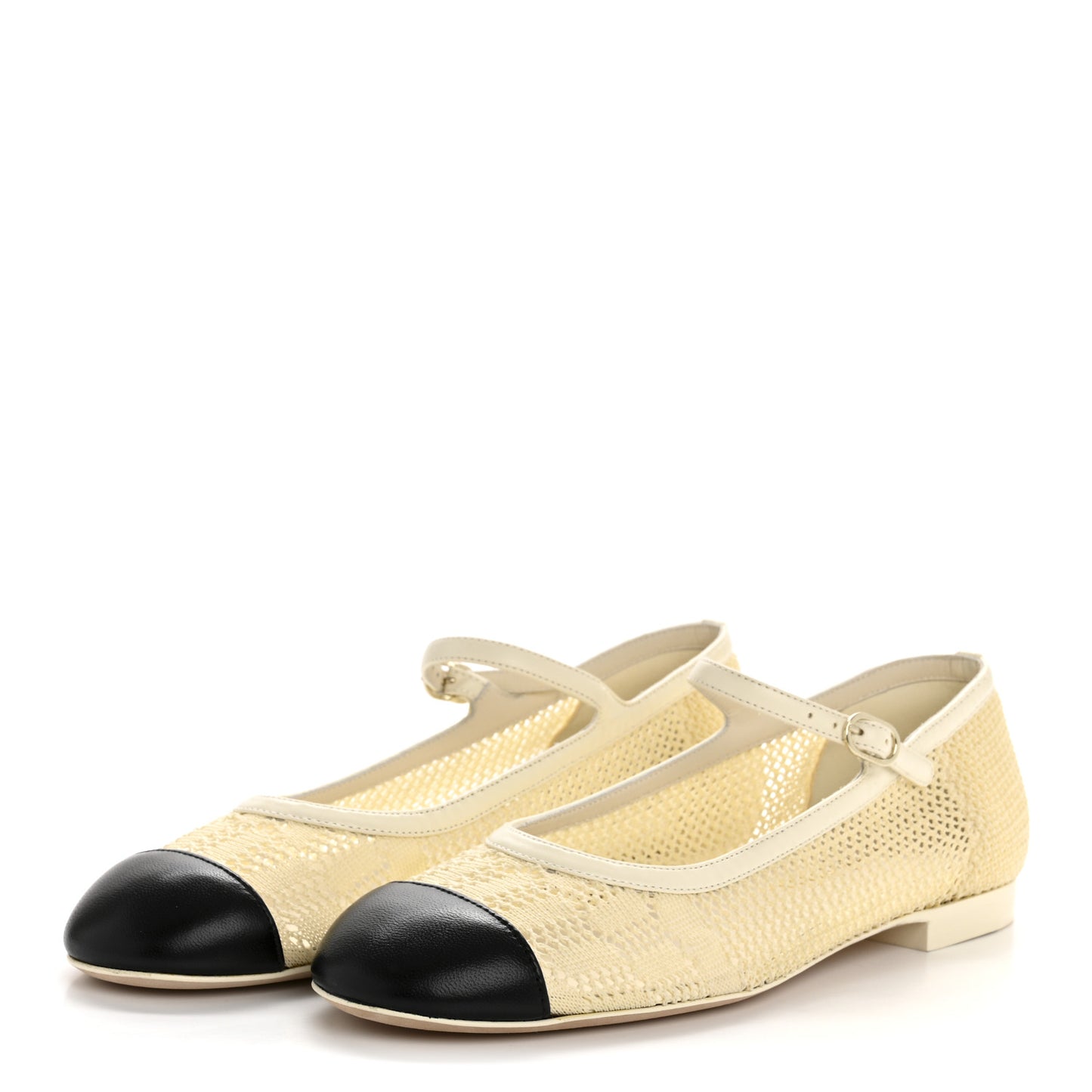 Crochet Lambskin Cap Toe Mary Jane Flats 38 Natural Beige Black