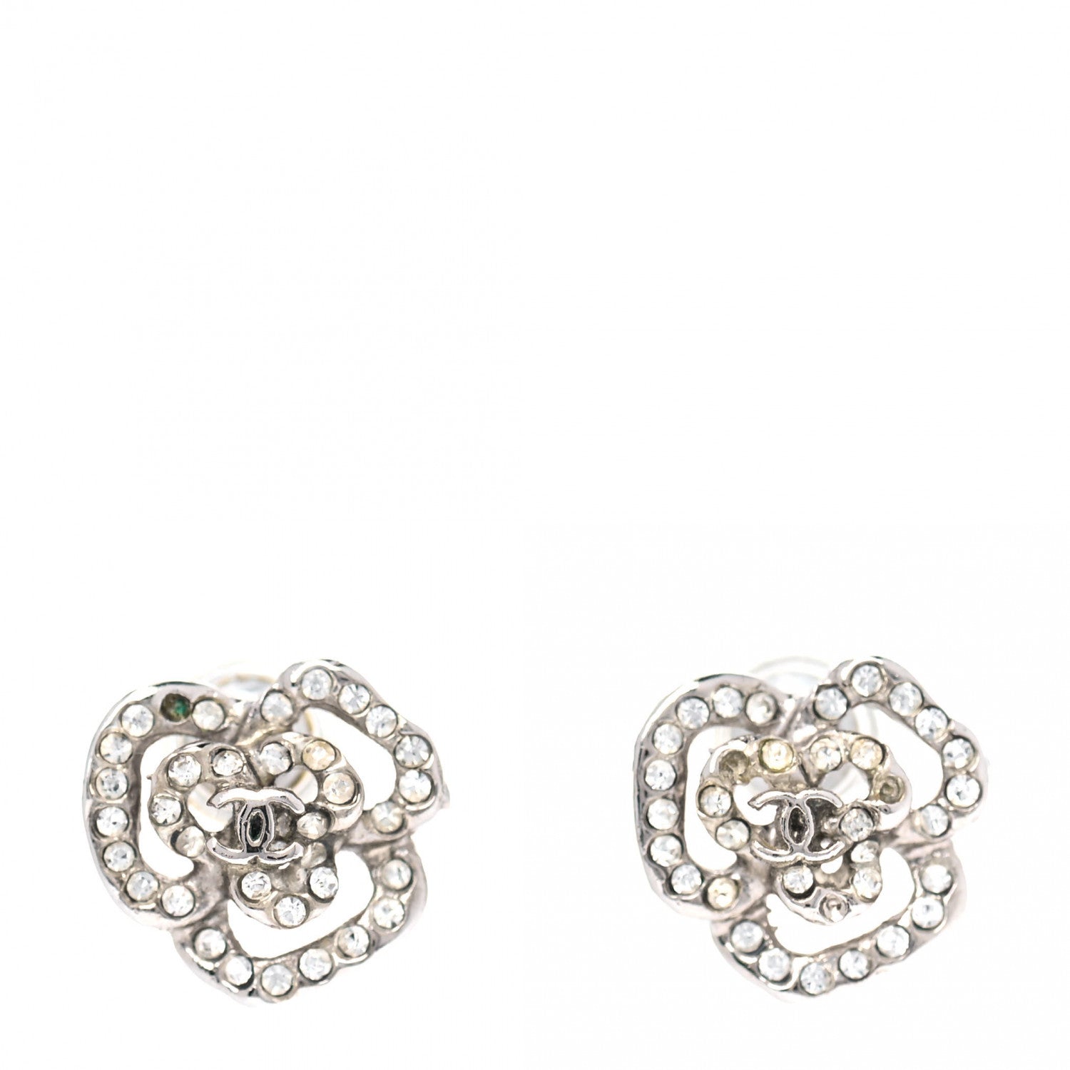Chanel Crystal CC Camellia Earrings Silver 1 of 3