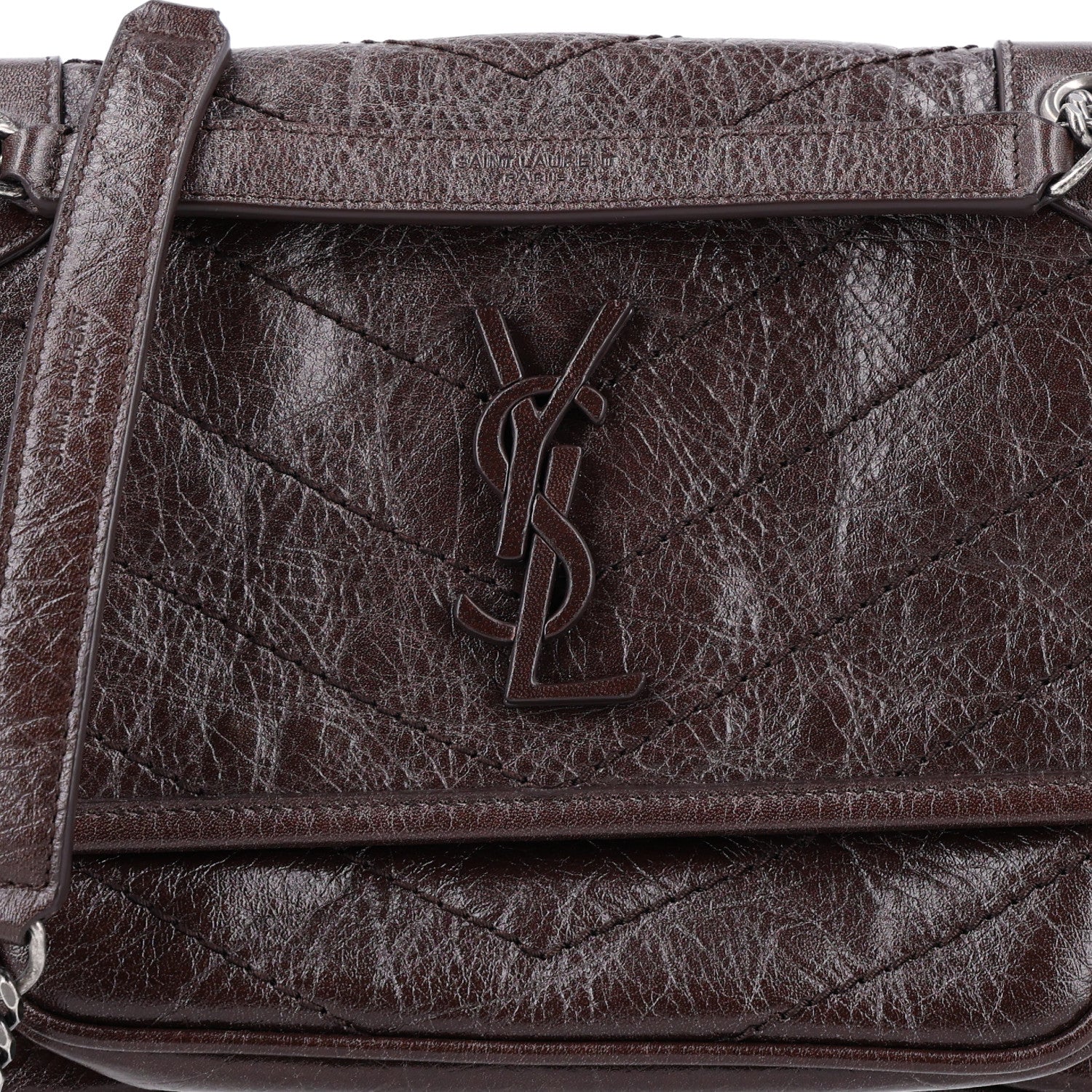 Saint Laurent Crinkled Lambskin Matelasse Monogram Baby Niki Chain Satchel Chocolate 9 of 11
