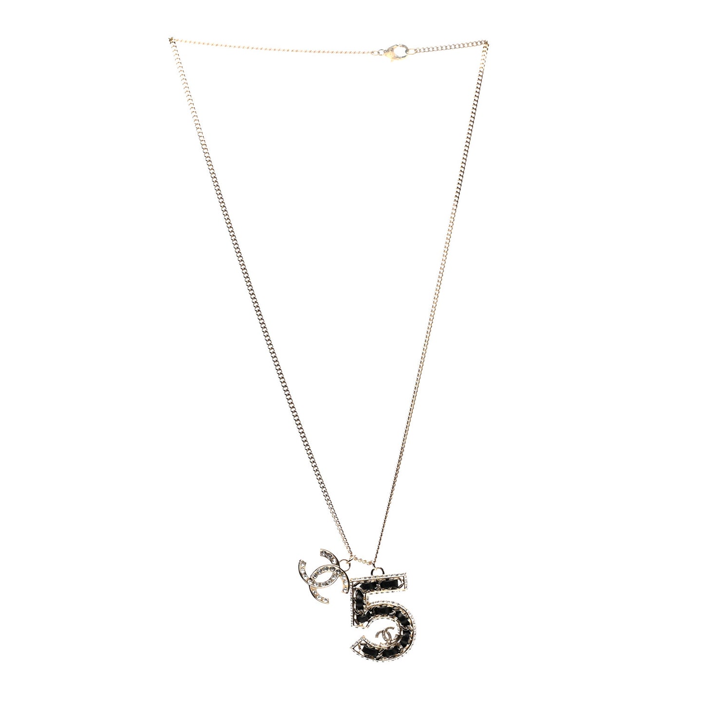 Lambskin Crystal CC Number 5 Pendant Necklace Gold Black